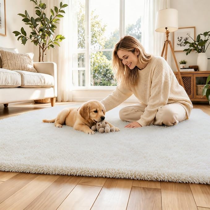 Fluffy Rug Shag Area Rug,Cream 3x5 Area Rugs for Bedroom | Non-Slip Small Soft Bedside Rug for Entryway,Living Room and Home Office
