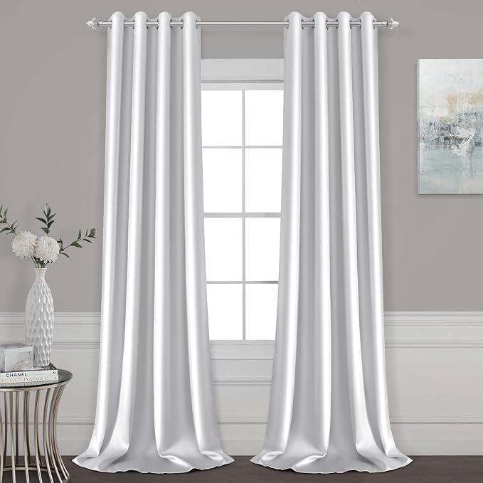 HOMEIDEAS 2 Panels Greyish White Faux Silk Blackout Luxury Curtains, 52 X 108 Inch Room Darkening Satin Thermal Insulated Window Drapes for Bedroom Decor, Indoor, Living Room