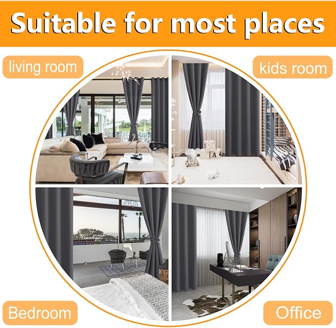 Hiasan Grommet Blackout Curtains for Bedroom, 52 x 36 Inches Long - Thermal Insulated & Light Blocking Window Curtains for Living Room, 2 Drape Panels Sewn with Tiebacks, Dark Grey