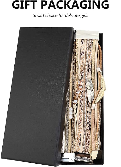 Wowanoo 3Pack Leather Cuff Bracelet Set Multilayer Wrap Bracelet Crystal Feather Tree Bracelet Magnetic Clasp Bracelet for Women