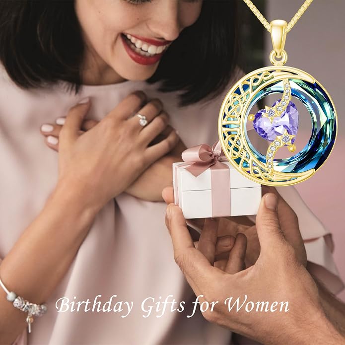 TOUPOP Birthstone Necklace 925 Sterling Silver Moon and Star Pendant Celtic Moon Jewelry with Blue Crystal Anniversary Birthday Gifts for Women Mom Wife Her