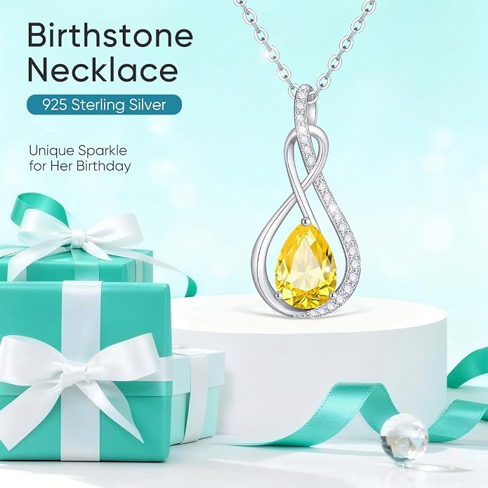 Birthstone Necklaces for Women Mothers - 925 Sterling Silver Dainty Infinity Cubic Zirconia Pendant Necklace Anniversary Birthday Christmas Gifts for Her Wife Mom Lady Daughter, Adjustable Chain