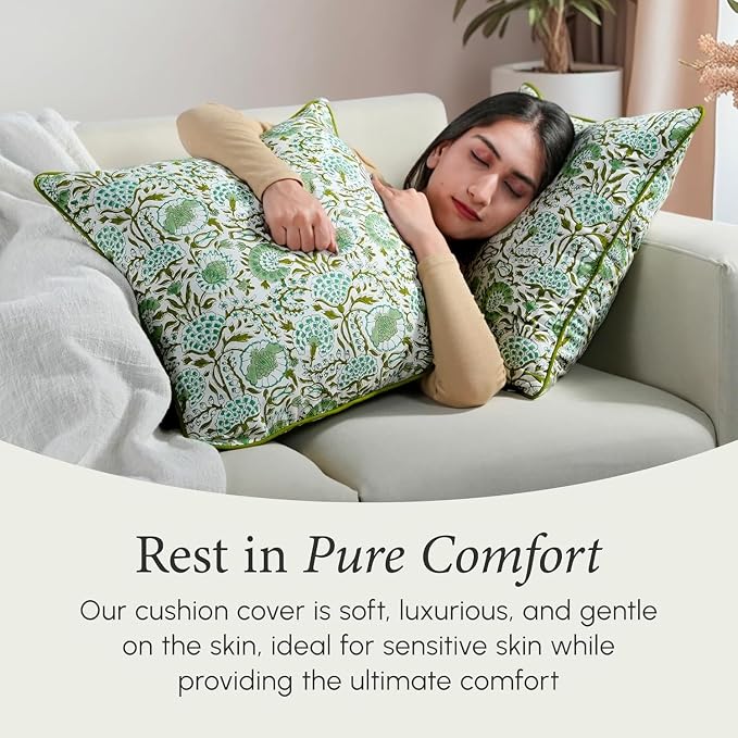 CPC 100% Cotton Throw Pillow Covers 16x16 Inch, Set of 2 Pink Block Print Pattern Couch Pillow, Cute Boho Decorative Pillows for Living Room, Bedroom with Hidden Zipper- Agate Green