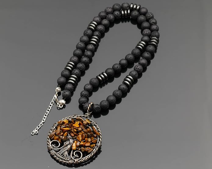 ElisaJewelryArt - Natural Labradorite Big Tree Of Life Black Lava Stone Beaded Necklace Genuine Gemstone Energy Stone Clasp Closure Necklace Unisex Necklace