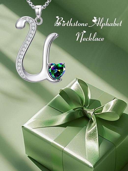 Birthday Gifts for Women Alphabet A to Z Initial Birthstone Pendant Necklaces for Women - 18k White Gold Plated Personalized Name Jewelry Anniversary Graduation Gifts for Wife Her Daughter Girlfriend(with Gift Box)