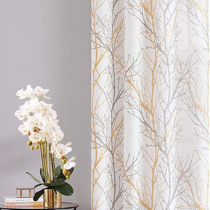 FMFUNCTEX Linen Semi Sheer Curtains for Bedroom, Yellow White Curtains 45 Inches Long for Living Room, Grey Tree Branch Print Curtain Light Filtering Kitchen Window Drapes, Grommet Top 2 Panels | Short Sheer Branch Patterned Drapes, Light Filtering Gro...