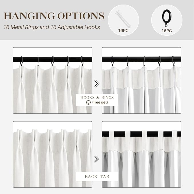 IVAPUPU Linen Pinch Pleated Blackout Curtains for Bedroom - Ivory Full Black Out Curtains 108 Inch 2 Panels Set for Living Room Darkening Thermal Window Curtain Drapes with 16pc Hooks