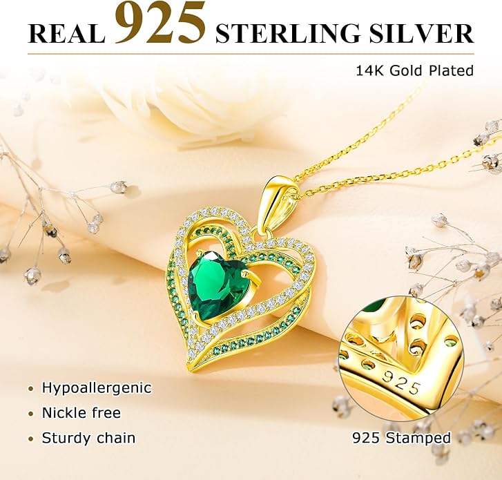 Anniversary Charm Necklace, Sterling Silver 14K Gold Plated Chain with Interlocking Heart Pendant Elegant Birthstone Necklaces for Women, Length 18"