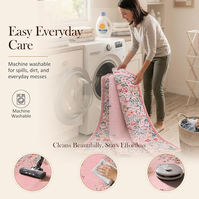 Wonnitar 5x7 Washable Area Rug, Pink Floral Rug for Living Room, Cute Boho Rug for Girls Bedroom, Non Slip Soft Nursery Carpet, Farmhouse Kids Room Decor (5x7 Pink)