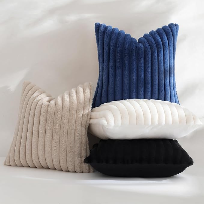 decorUhome Fall Faux Fur Throw Pillow Covers 18x18 Set of 2 Black | Decorative Soft Cozy Striped Plush Modern Farmhouse Boho Couch Pillow Cases Velvet Back for Sofa Bed Living Room Home Decor