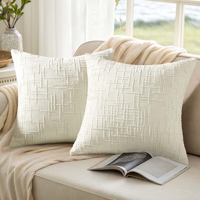 decorUhome Textured Chenille Throw Pillow Covers 24x24 Set of 2 Cream White | Fall Modern Farmhouse Soft Cozy Slubby Couch Pillow Cases Boho Decorative Pillow Cases for Bed Sofa Living Room Home Decor