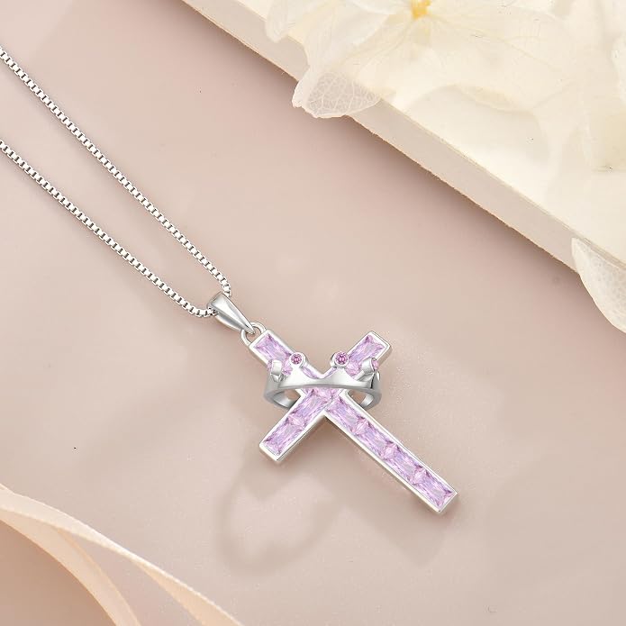 Gemstone Crown Cross Necklaces for Women, 925 Sterling Silver Rectangular cut Zircon Pendant With Rotated Crown Faith Cross Jewelry Gift