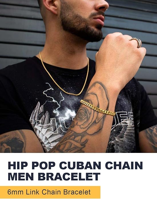 U7 Link Bracelets for Men, Cuban Link/Rope/Watch Band Solid Bracelet, Silver Black Gold Color Wrist Bracelet 3/6/9/12/15mm Width, 6.5/7.5/8.3 Inch Length, Hand Chain Jewelry for Mens Women