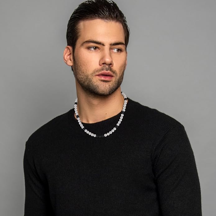 GAVU Men's Pearl Necklace, Pearl Jewelry Crystal Beaded Necklace for Men 20"/22"/24"/26"