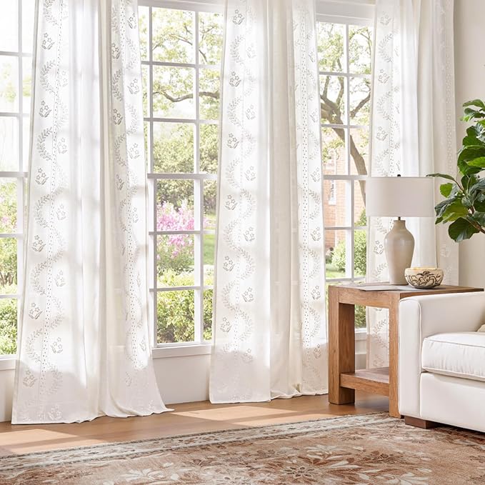 jinchan Floral Linen Curtains 96 Inch Farmhouse Back Tab 2 Panels White | Embroidered curtains,boho curtains,living room,bedroom,light filtering,privacy,flower patterned drapes,window treatment