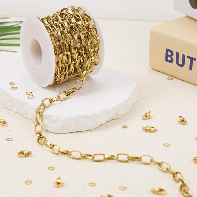 GTVOODX 13 Feet 18K Gold PVD Plated Paperclip Chain Roll, Stainless Steel Textured Oval Link Chain Bulk for DIY Jewelry Making with Lobster Clasps and Jump Rings