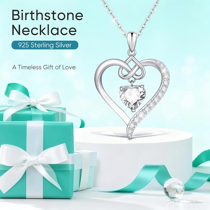 925 Sterling Silver Birthstone Heart Necklace for Women - Infinity Love Pendant with Cubic Zirconia, 12 Colors, Valentine's Day Gift for Her, 12 Months, Birthday Anniversary Christmas Jewelry Gifts