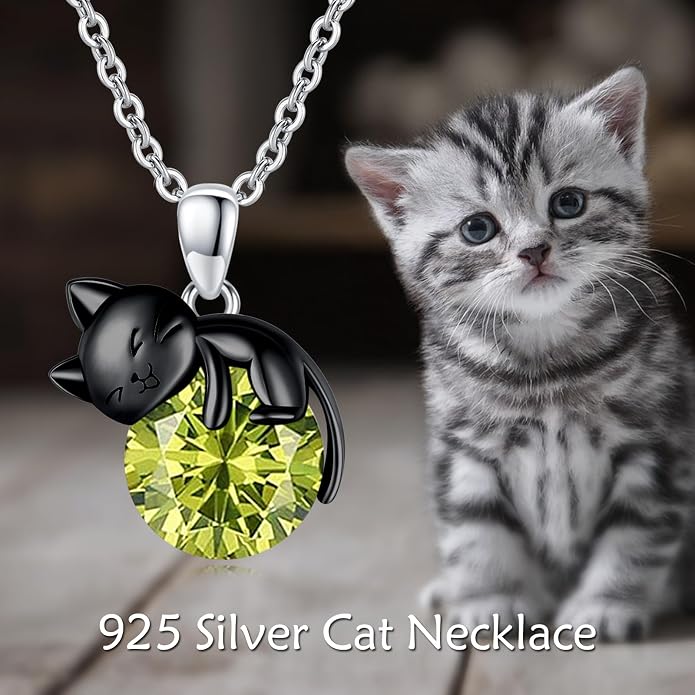 Cat Necklace Sterling Silver Cat Zircon Pendant Gothic Jewelry for Women Animal Lovers Gifts