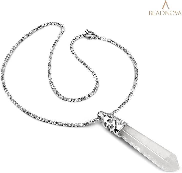 BEADNOVA Healing Crystal Necklace for Women Men White Quartz Pendant Energy Healing Gemstones Jewelry Pendulum Crystal Divination (Hexagonal, 18 Inches Stainless Steel Chain)