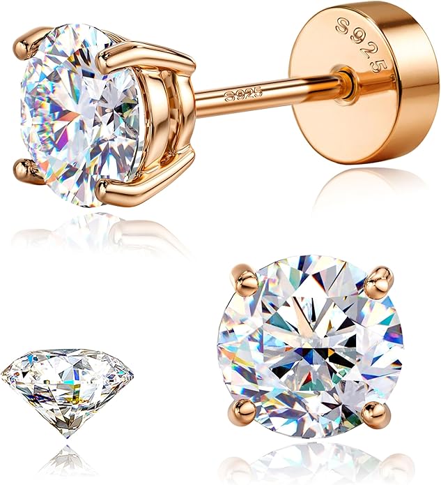 GEMQUEEN Moissanite Earrings Studs : 18K Gold Plated Solid 925 Sterling Silver Stud Earring for Women Men Hypoallergenic Dainty Moissanite Jewelry for Sensitive Ears Round Cut D Color VVS1 2-7.5mm