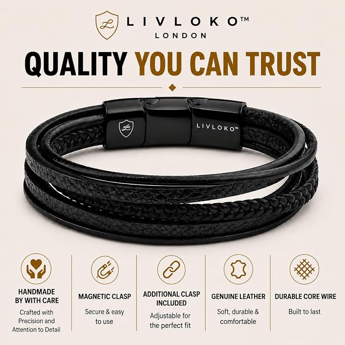 LONDON Mens Bracelet Leather Black Multi-Layer Stone Beads Adjustable Steel Clasp Viking Rope Bands Surfer Man Wristband Male UK Jewellery Gift box Boyfriend Dad Son Brother Tiger Eye