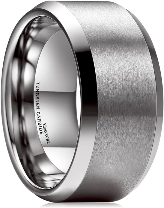 King Will Tungsten Men's Wedding Ring - Available in 6mm to 10mm, Black/Silver, Matte Finish, Beveled Polished Edge, Comfort Fit