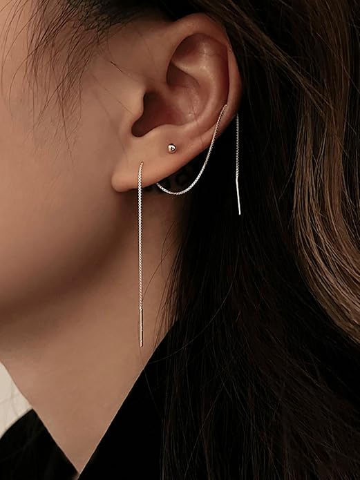 Sterling Silver Long Pull Through Threader Earrings Box Chain