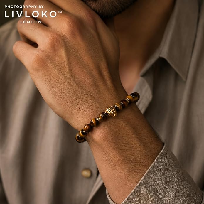 LONDON Mens Bracelet Leather Black Multi-Layer Stone Beads Adjustable Steel Clasp Viking Rope Bands Surfer Man Wristband Male UK Jewellery Gift box Boyfriend Dad Son Brother Tiger Eye