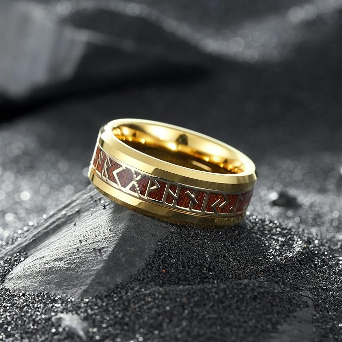 King Will Tungsten Carbide Wedding Band for Men - 8mm Black/Silver/Gold Plated with Norse Viking Rune & Hawaii Koa Wood Inlay Mens Ring, Polished Beveled Edge for Daily Wear, Comfort Fit Size 7-14