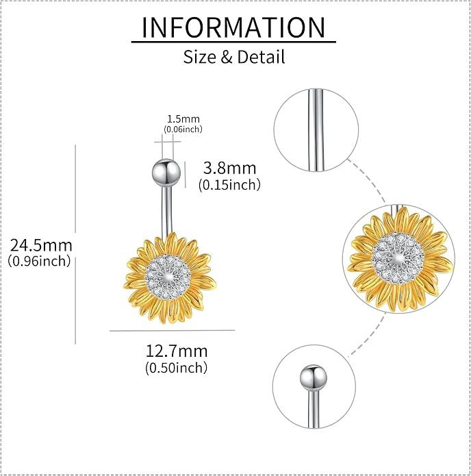 Sunflower Daisy Belly Button Ring Dangle Hoop 925 Sterling Silver Hypoallergenic Belly Button Piercing Body Navel Rings Sexy Belly Button Jewelry Gifts for Women (14G)