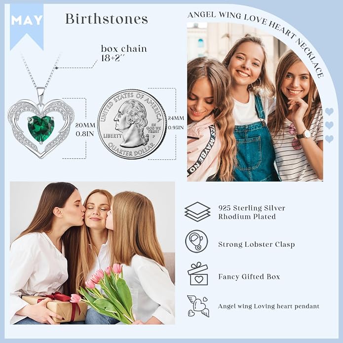 Heart Necklaces for Women Mother's day Gifts, Birthstone 925 Sterling Silver Angel Wings Love Pendant Necklaces for Women, Jewelry Gifts for Wife, Anniversary, Birthday