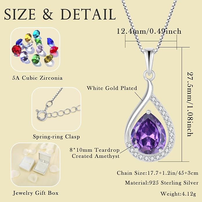 Teardrop Birthstone Necklace for Women 925 Sterling Silver White/Yellow Gold Plated Cubic Zirconia Pendant Necklace Jewelry for Her