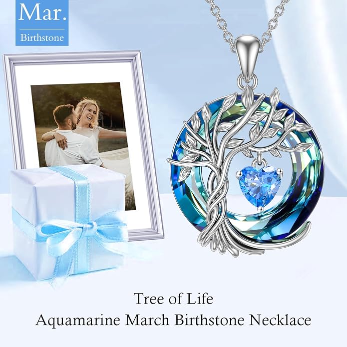 TOUPOP Tree of Life Birthstone Necklaces 925 Sterling Silver Irish Celtic Tree Pendant with Blue Crystal Birthday Jewelry Gifts for Women Mom Wife Her