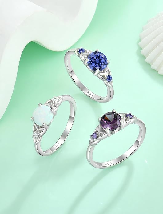 Celtic Knot Rings for Women 925 Sterling Silver Solitaire Ring Wedding Engagement Band Round Birthstone Jewelry Size 5-10
