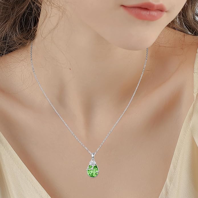 925 Sterling Silver Birth Flower Necklace with Teardrop Shaped Birthstone - 12 Colors, 12 Kinds of Flower - Ideal Birthday Jewelry Gift for Women, Mothers, Daughters & Wives