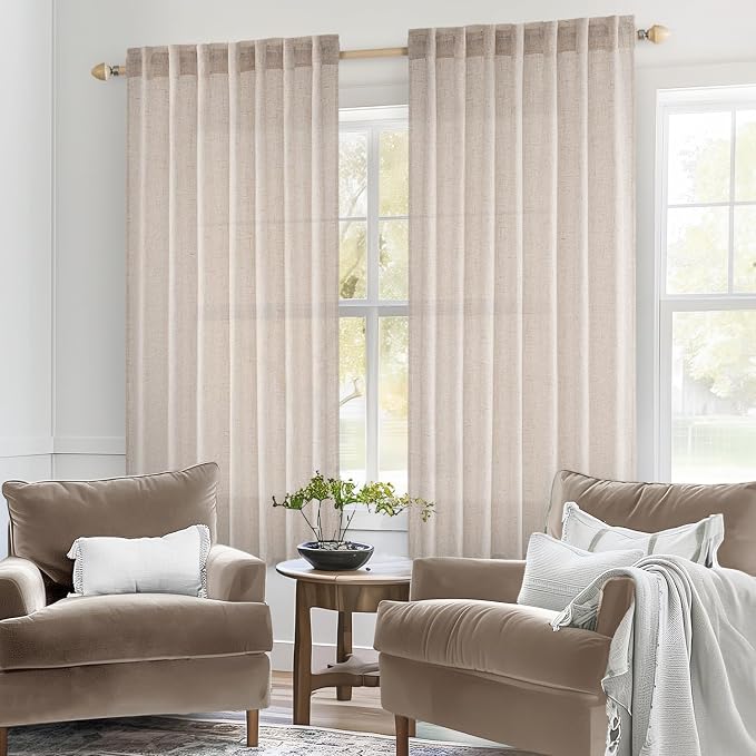 MIULEE Natural White Linen Curtains 48 Inch Long for Bedroom Living Room, Soft Thick Linen Textured Window Drapes Semi Sheer Light Filtering Rod Pocket Back Tab Neutral Farmhouse Cream Ivory 2 Panels