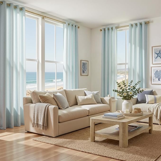 Vangao Linen Striped Curtains for Living Room Bedroom Farmhouse Tickingstripe Light Filtering Window Curtains Printed Drapes Grommet Top 2 Panels Aqua Blue on Off White W50 x L96 Inch