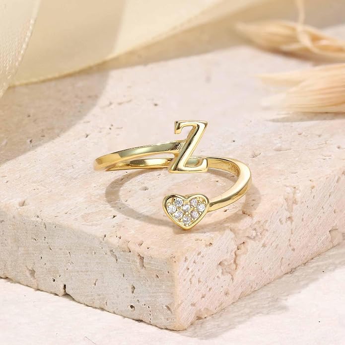 MILACOLATO 925 Sterling Silver Initial Rings for Women Teen Girl 18K Gold Plated Heart Initial Rings Adjustable Capital Letter Ring Stackable Thumb Pinky Rings for Daughter Birthday Bridesmaid Gifts Jewelry, A to Z