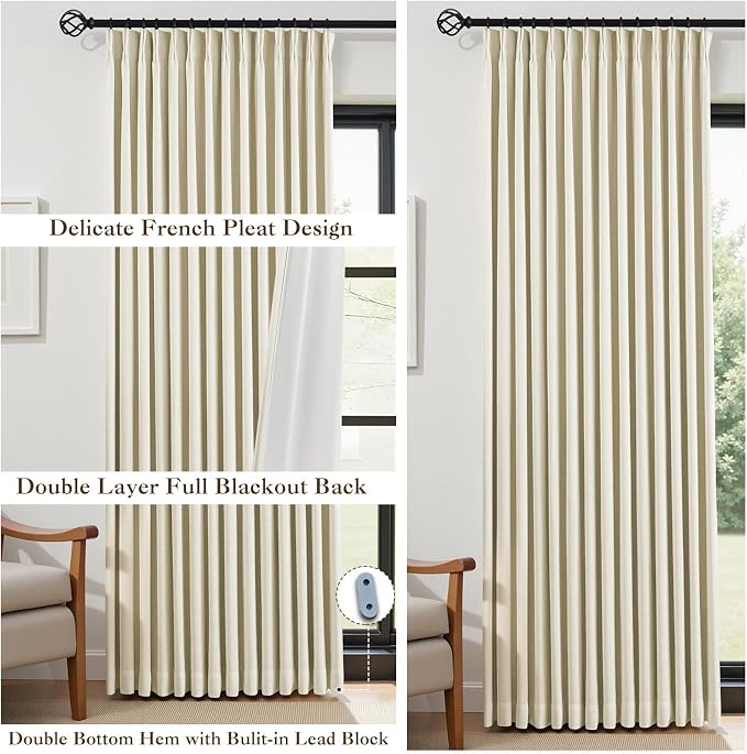 IVAPUPU Cream Beige Pinch Pleated Full Blackout Linen Curtains for Bedroom, Black Out Curtains 102 Inches Long for Living Room Darkening Thermal Insulated Neutral Pleat Drapes with 16 Hooks, 2 Panels