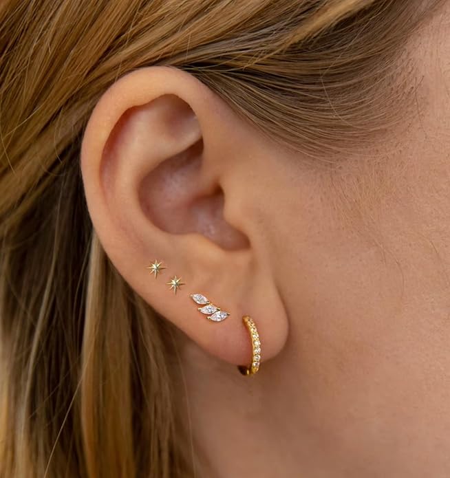 6 Pairs 14K Gold Plated Stud Earrings for Women, Hypoallergenic Cartilage Earrings for Multiple Piercing, Dainty Small Stackable Earrings Set for Jewelry Gift