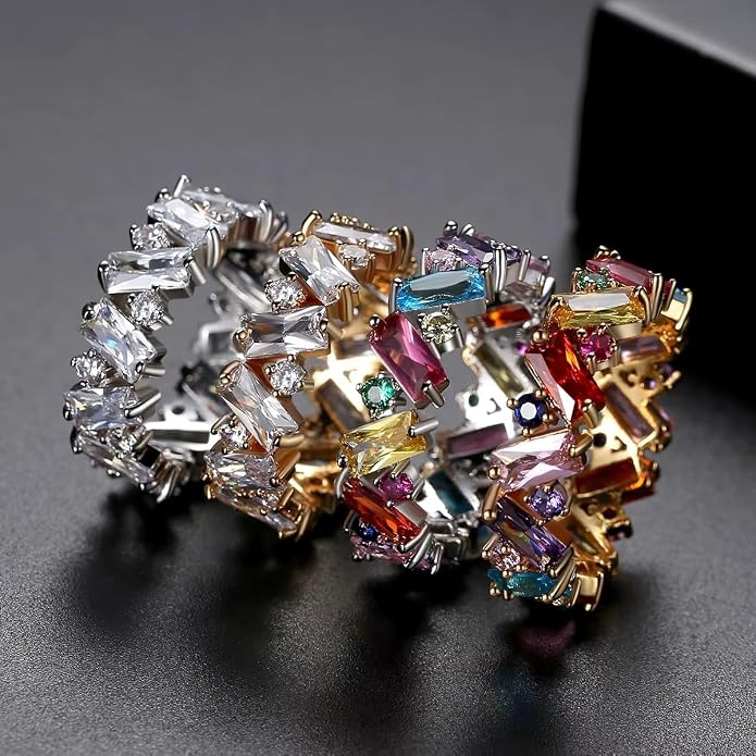 Cubic Zirconia Ring for Women, Emerald Cut Cubic Zirconia Eternity Ring, Fashion Wedding Band Style, Continuous Diamond Design