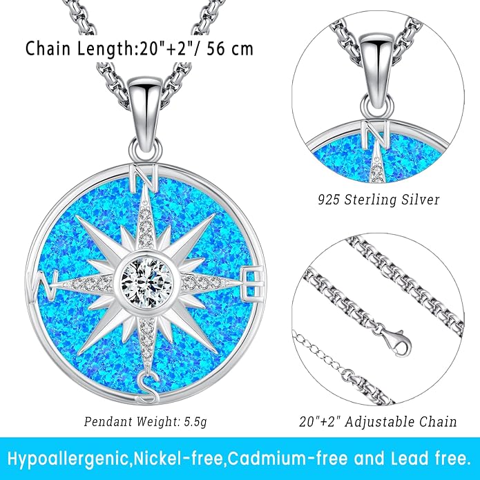 Compass Necklace for Women Men 925 Sterling Silver Pendant Urn Necklaces for Ashes Picture Locket Necklace Anchor Necklace Viking Necklace Crystals CZ Moonstone Abalone Shell Turquoise Compass Jewelry