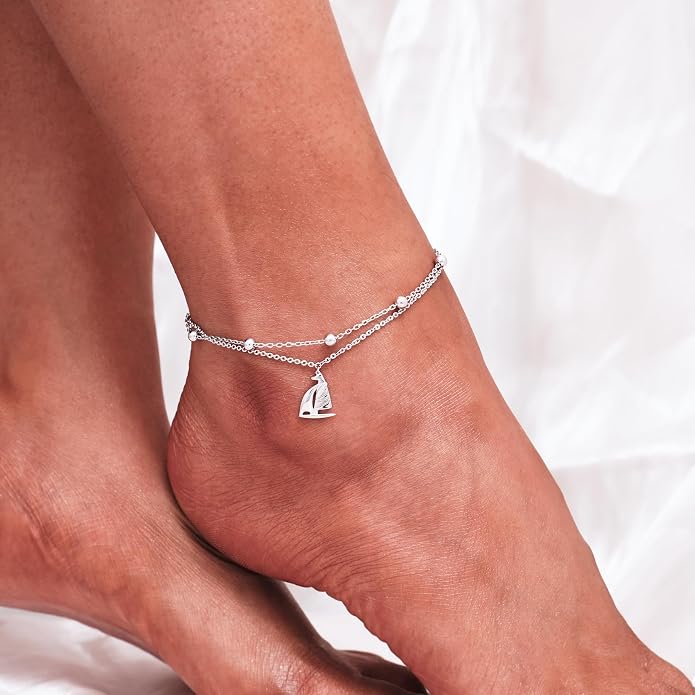 CHIC & ARTSY 925 Sterling Silver Ankle Bracelets for Women, Adjustable Layered Foot Chains with Nature & Symbol Charms, Lightweight Comfort Fit Boho Beach Everyday Jewelry