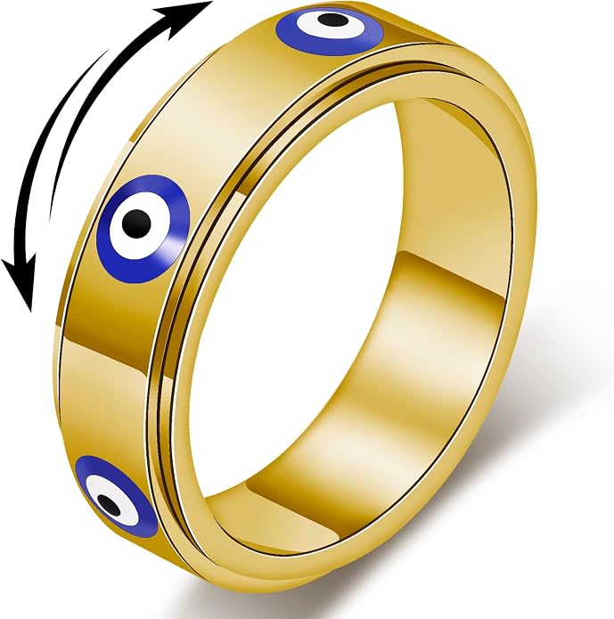 Evil Eye Fidget Ring for Women - 18K Gold Plated Stainless Steel Spinner Rings for Anxiety Relief, Ojo Turco Ring Luck Amulet, Turkish Faith Protection Stackable Jewelry Gift for Women Men