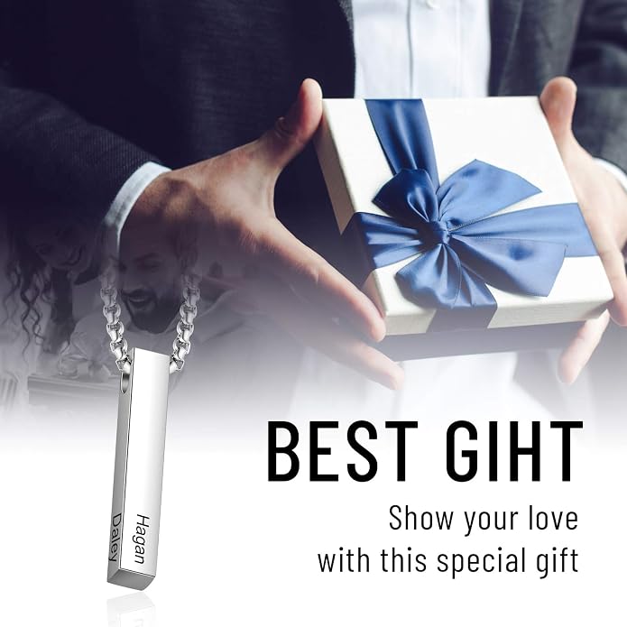 LanM Gifts for Dad Father's Day Gifts Personalized Mens Necklace Custom Name Necklaces for Men Bar Necklace for Women Engraved Initial Name Vertical Bar Necklace for Father