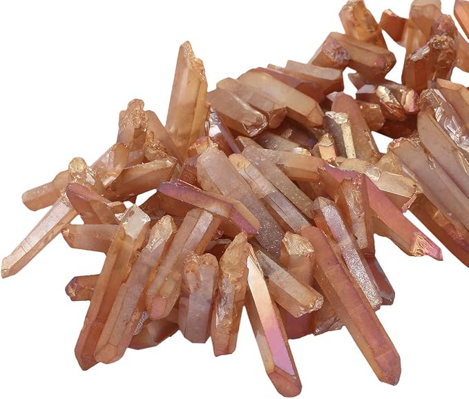 TUMBEELLUWA Rock Quartz Crystal Points Loose Beads for Jewelry Making, Titanium Coated Polished/Raw Quartz Beads 15 Inches Top Drilled,Orange Crystal Points(0.45"-1.35")