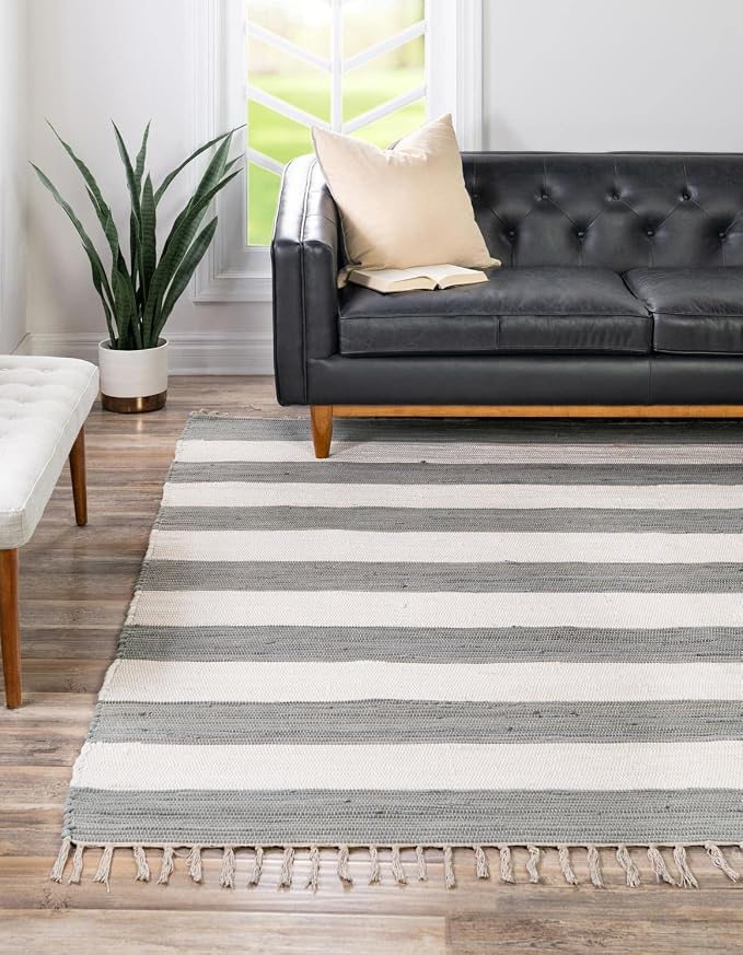 Unique Loom Chindi Rag Collection Area Rug - Striped (10' Square, Gray/ Ivory)