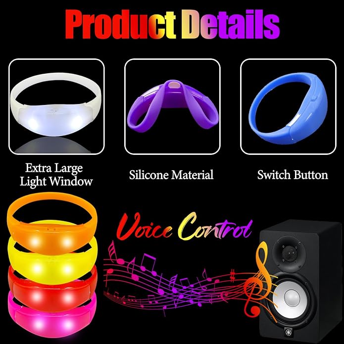 24 Pcs Sound Activated LED Glow Bracelets Light Up Bracelets for Adults Glow in the Dark Bracelets Neon Supplies for Concert
