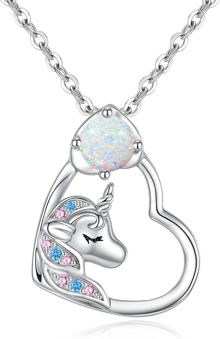 CDE Christmas Gift for women Cute Unicorn Birthstone Necklace for Girls Daughter 925 Sterling Silver Opal Heart Pendant Graduation Birthday Christmas Jewelry Gift for Teenage Girls Niece