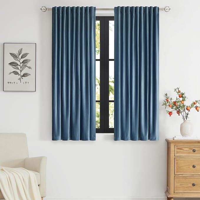 PRIMROSE Velvet Curtains 63 inch Long for Living Room,Set of 2 Panels Stone Grayish Blue Blackout Rod Pocket Back Tab Window Treatment Room Darkening Heavy Decorative Curtains Drapes for Bedroom
